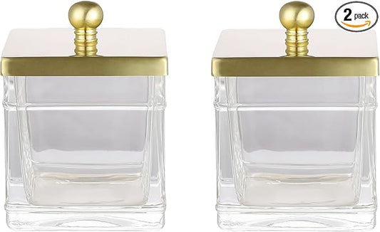 Glass Cotton Jar Holder 2 Pack– Brushed Gold Lid, Elegant Bathroom Storage by IndecorHome