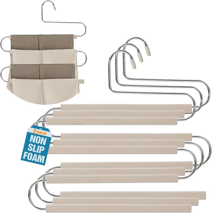 Multiple Space Saving Non Slip Foam Padded Pants Hangers 4 Tier Steel Open by ICOFUPO