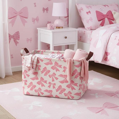 Pink Bow Storage Basket Waterproof Canvas Toy Storage Bin Bow Room Decor - Image 3
