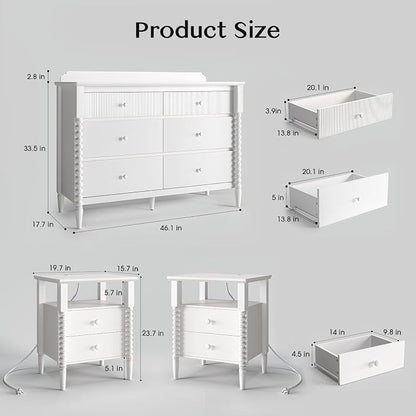 3 Piece Bedroom Set, Vintage 6 Drawer Dresser and Nightstand Sets - Image 2