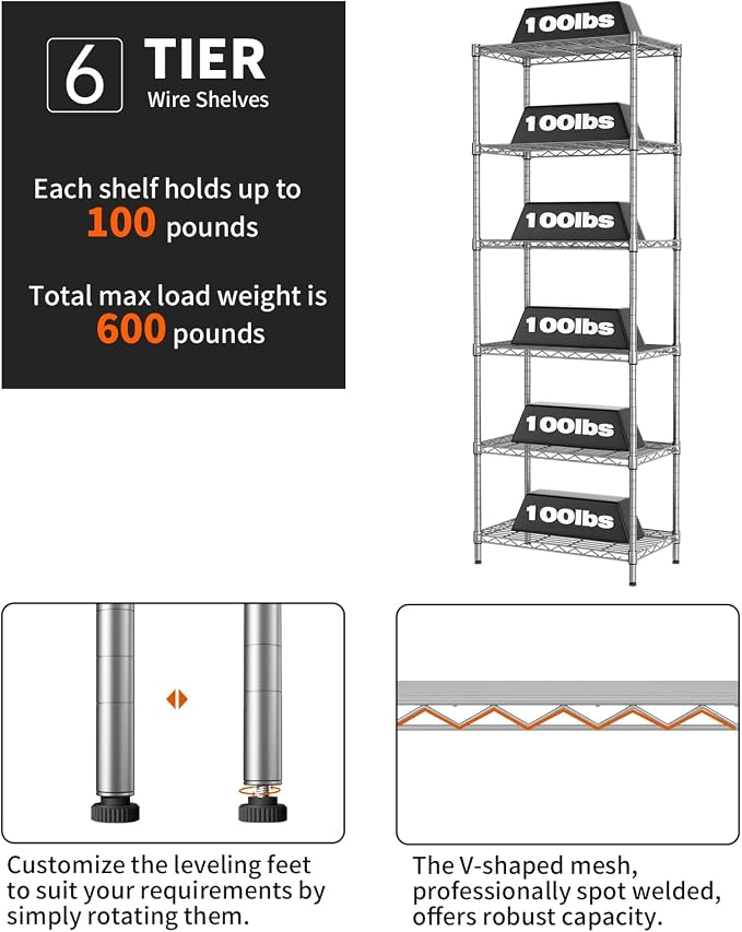 SINGAYE 6 Shelf Wire Shelving Unit Adjustable Metal Shelves Standing Bathroom - Image 4