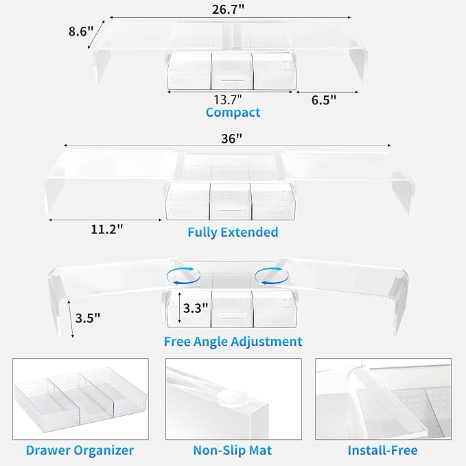 OPNICE Clear Acrylic Desk Organizers and Accessories, Dual Monitor Stand Riser - Image 7