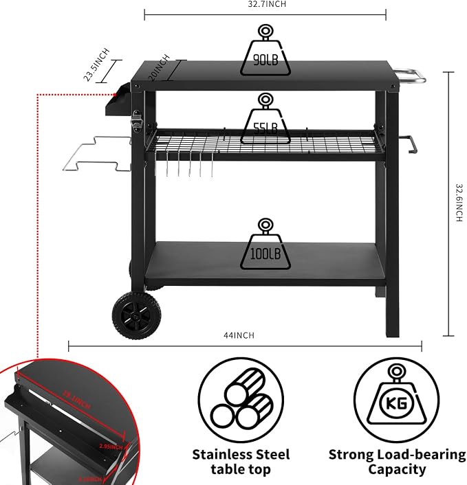 Dining Cart Table with Three Shelf, Movable Outdoor BBQ Grill Pizza Oven Stand - Image 4