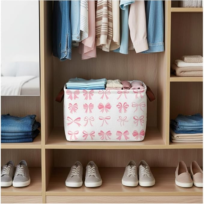 Pink Bow Decor Storage Basket Waterproof Canvas Toy Storage Bin Coquette Room - Image 5