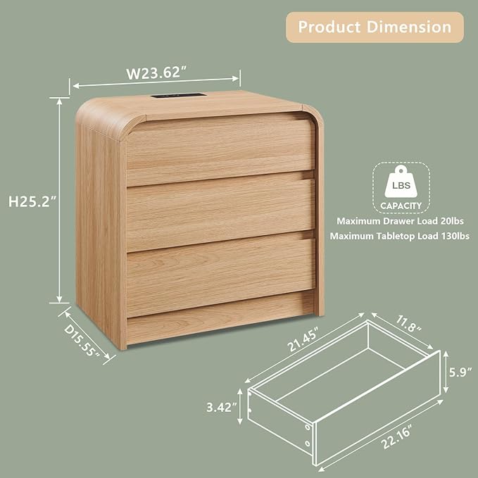 25" Tall Modern Nightstand Set of 2, 23.6" Wide Wood Bedside Table - Image 3