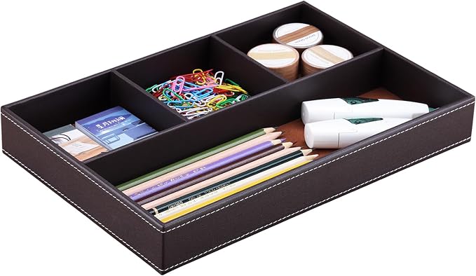 KINGFOM Pu Leather Desk Organizer Tray, 4 Compartment Office Storage Supplies by KingfomLeatherHomeOfficeDecor
