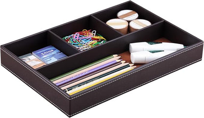 KINGFOM Pu Leather Desk Organizer Tray, 4 Compartment Office Storage Supplies by KingfomLeatherHomeOfficeDecor