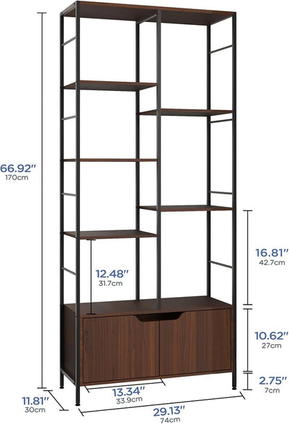 Bookshelf with Doors, 6-Tier Shelf with Storage Cabinet, Industrial Retro - Image 2