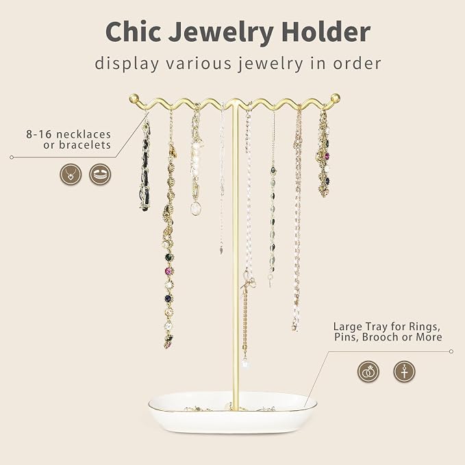 Elegant Jewelry Holder Stand: Metal Tree & Ceramic Tray Organizer - Image 5