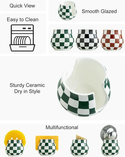 Kitchen Sponge Holder, Ceramic Sponge Organizer Checkered Scrubby Holder Sink - Image 3