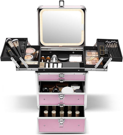 Qislee Makeup Box with Double Drawers and Four Trays, A Detachable Lighted by Qislee