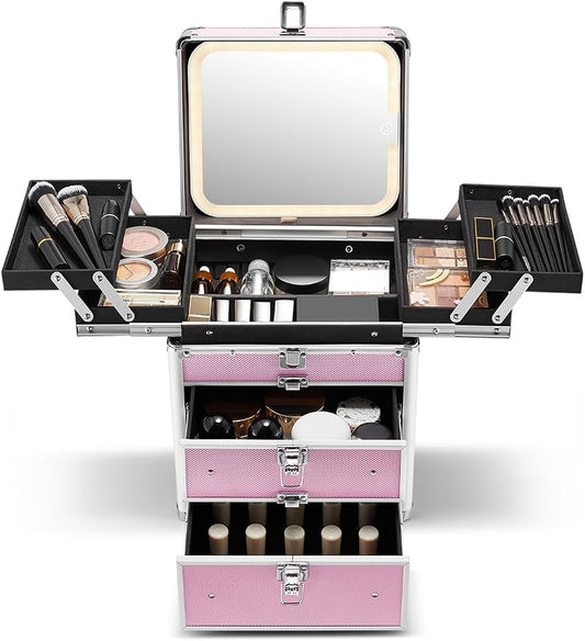 Qislee Makeup Box with Double Drawers and Four Trays, A Detachable Lighted by Qislee