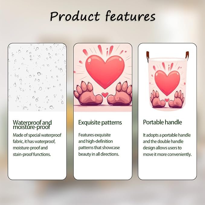 Laundry Baskets 15.7x19.7 Inch Large Paw Print Heart Design Collapsible Laundry - Image 2