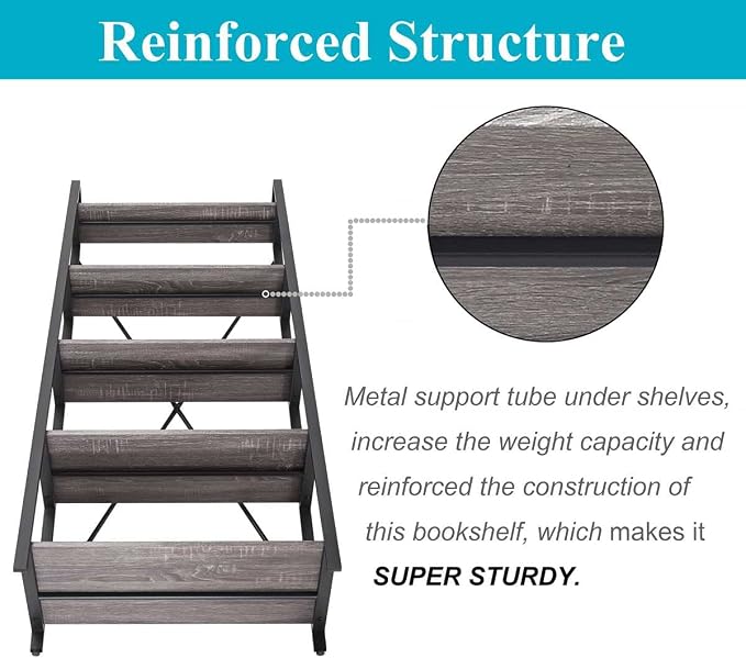 BON AUGURE 5-Tier Ladder Shelf, Industrial Leaning Bookcase, Wood and Metal - Image 5