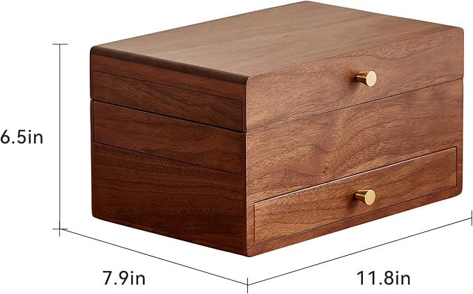 Wooden Jewelry Box for Women, 3 Level Multi-functional Drawers Black Walnut - Image 5