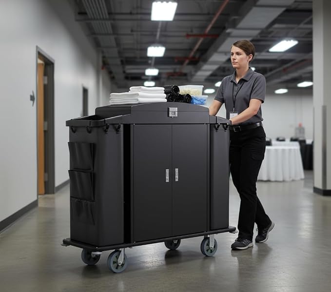 Heavy Duty Metal Housekeeping Janitorial Cart, Silent Casters, Locking Large - Image 2