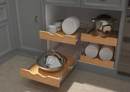 DINDON 2 Tier Pull Out Cabinet Organizer Slide Out Wood Shelf Double Tier - Image 9