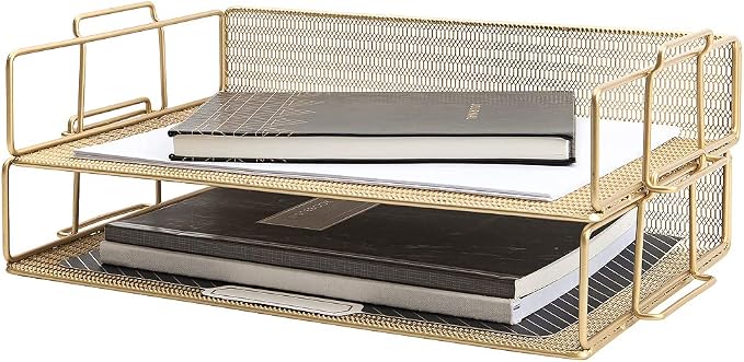 BLU MONACO Gold Mesh Paper Tray – Set of 2 Stackable Letter Trays – Durable by Blu_Monaco