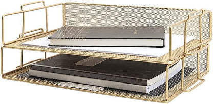 BLU MONACO Gold Mesh Paper Tray – Set of 2 Stackable Letter Trays – Durable by Blu_Monaco