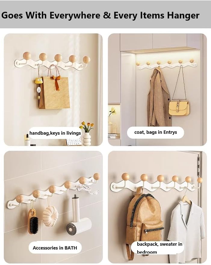 Coat Rack Wall Mount, Anti-Tear Wooden Ball Hook Rail, Heavy Duty Metal Coat - Image 6