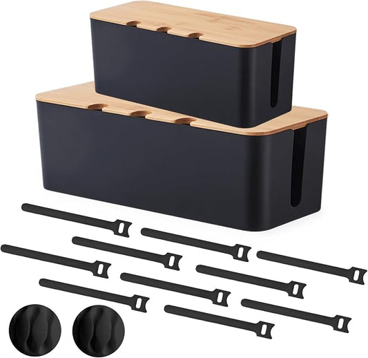 Cord Organizer Box Black 2 Pack, Wooden Cable Management Box by S310