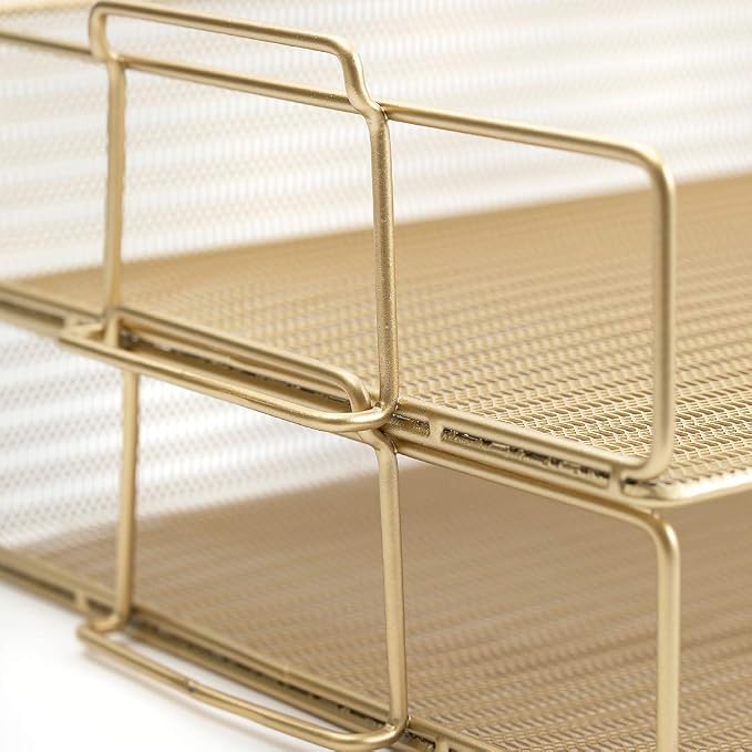 BLU MONACO Gold Mesh Paper Tray – Set of 2 Stackable Letter Trays – Durable - Image 5