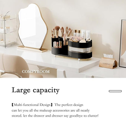 Rotating Vanity Organizer with Brush Holder and Drawer, 3 Layer Cosmetic - Image 6
