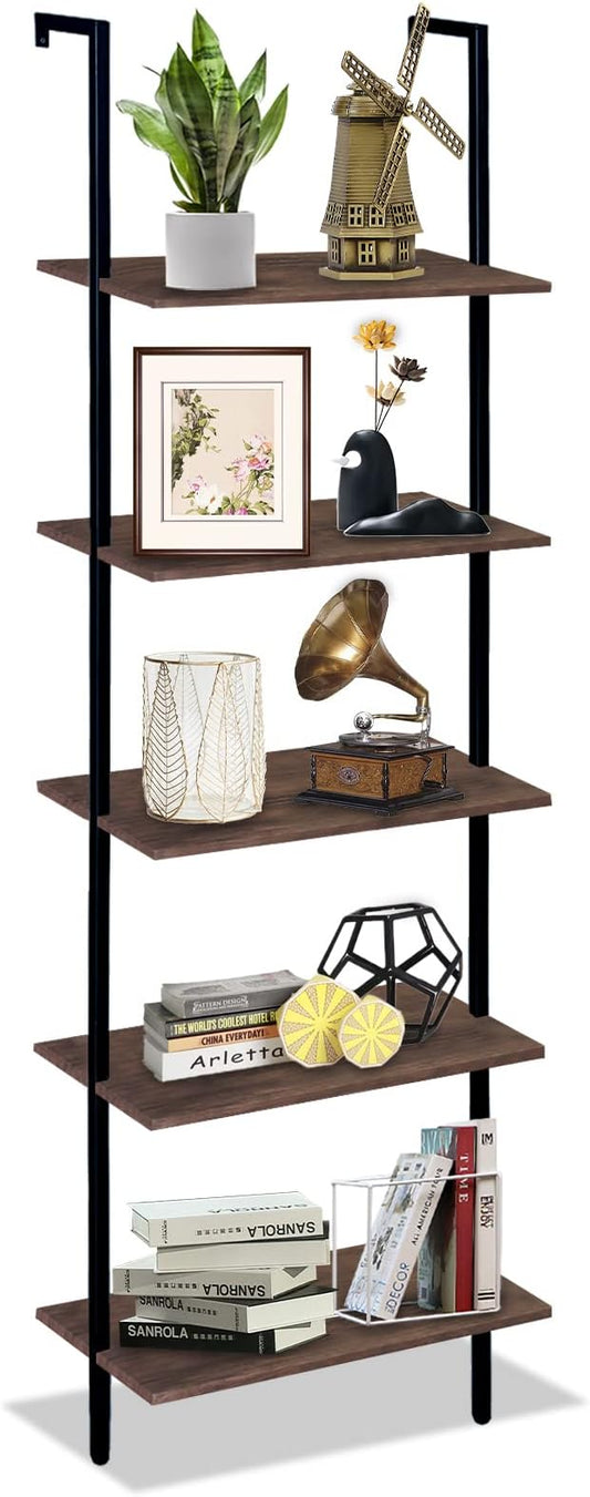 5 Tiers Ladder Shelf Brown Modern Bookshelf Open Tall Wall Mount Bookcase by Wolawu