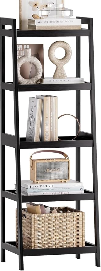 SMIBUY Bamboo Ladder Bookcase, Bathroom Storage Rack Organizer, 4 Tier and 5 by SMIBUY