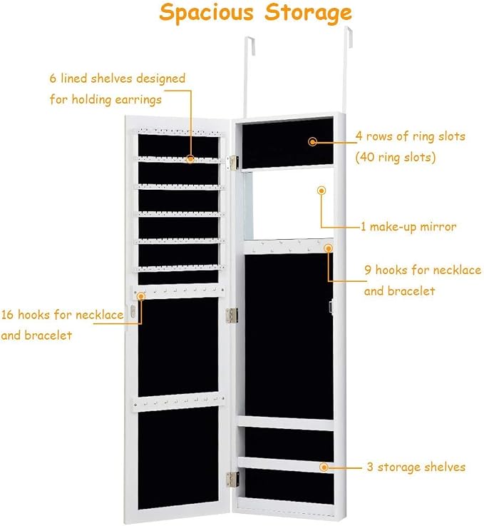 Giantex Wall Door Mounted Mirrored Jewelry Cabinet Jewelry Armoire Storage - Image 6