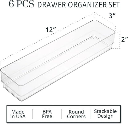 STORi SimpleSort 6-Piece Stackable Clear Drawer Organizer Set | 12" x 3" x 2" - Image 2
