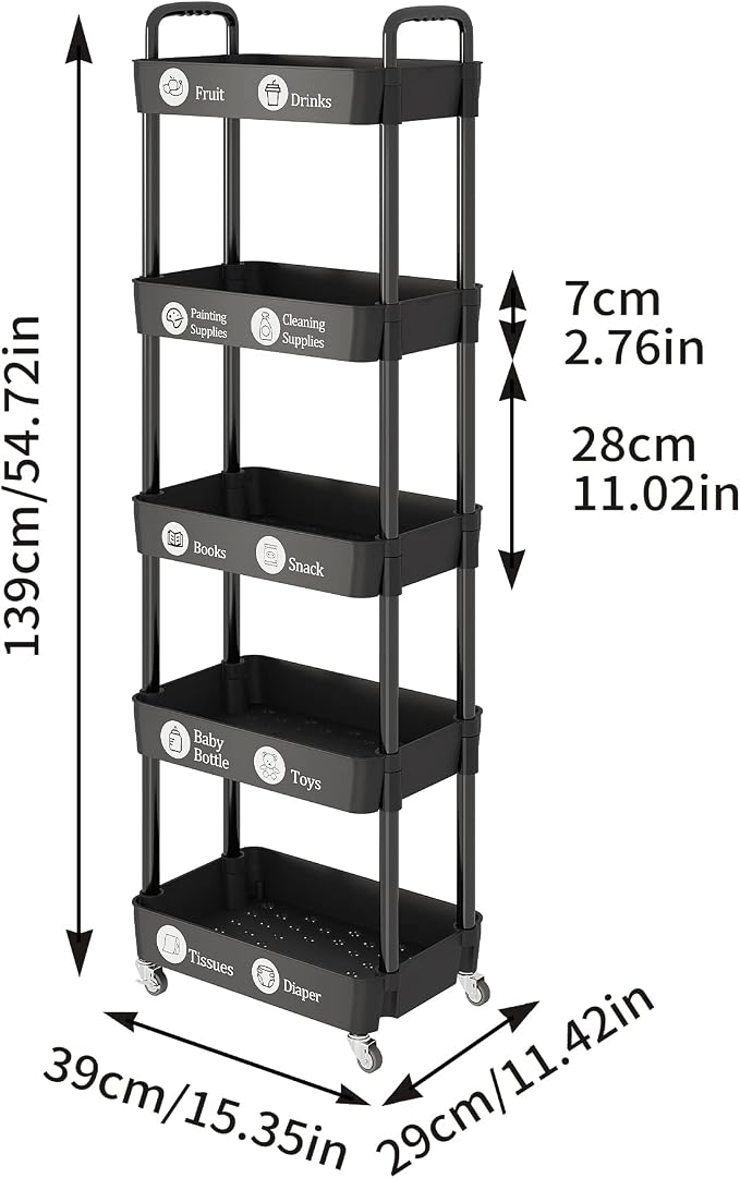 Laiensia Multifunction Utility Rolling Cart, 5-Tier Plastic & Metal Storage - Image 7