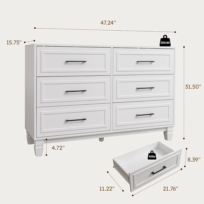 Farmhouse 6 Drawers Dresser for Bedroom, Modern Wide Chest Dressers for Clothes - Image 2