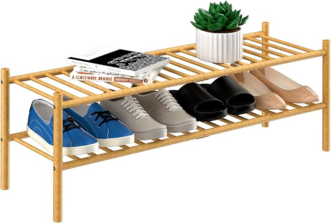 2-Tier Bamboo Long Shoe Rack, Free Standing Wood Shoe Shelf Storage Organizer by ROMGUAR+CRAFT