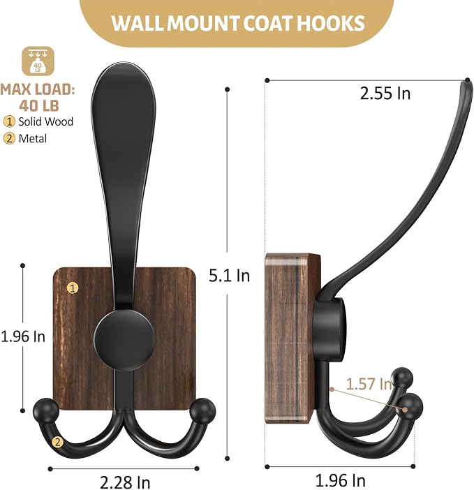 VIS'V Wooden 3 Prong Coat Hooks, Wall Mount, Heavy Duty - Image 5