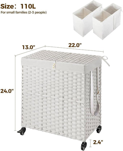 Greenstell Laundry Hamper with Wheels, No Install Needed, 110L Divided - Image 5