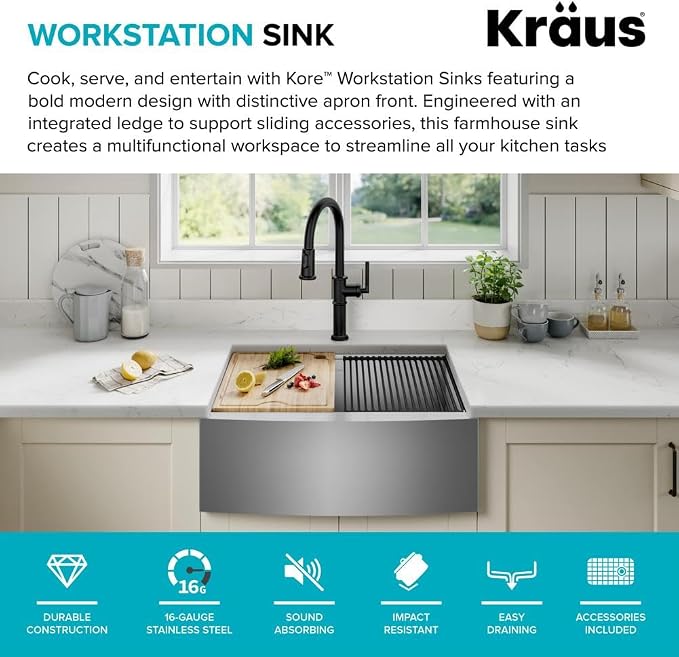 KRAUS Kore 24-Inch Farmhouse Workstation 16 Gauge Single Bowl Stainless Steel - Image 3
