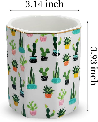 Pen Holder, Makeup Brush Holder Ceramic Shiny Gold Tropical Cactus Green - Image 4