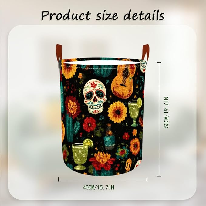 Laundry Baskets 15.7x19.7 Inch Day of the Dead Skull Guitar Cocktail Design - Image 3