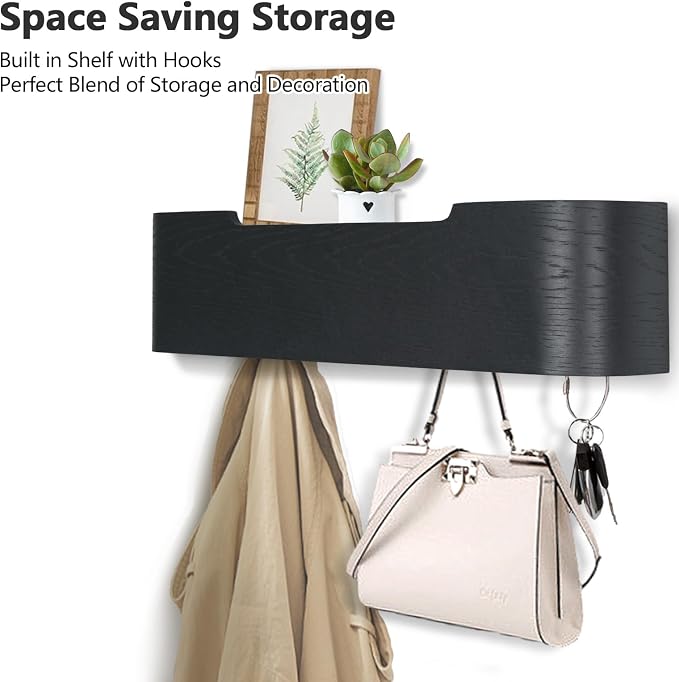 Coat Rack Wall Mount with Hidden Hooks Modern Key Holder Wood Entryway Hook - Image 2