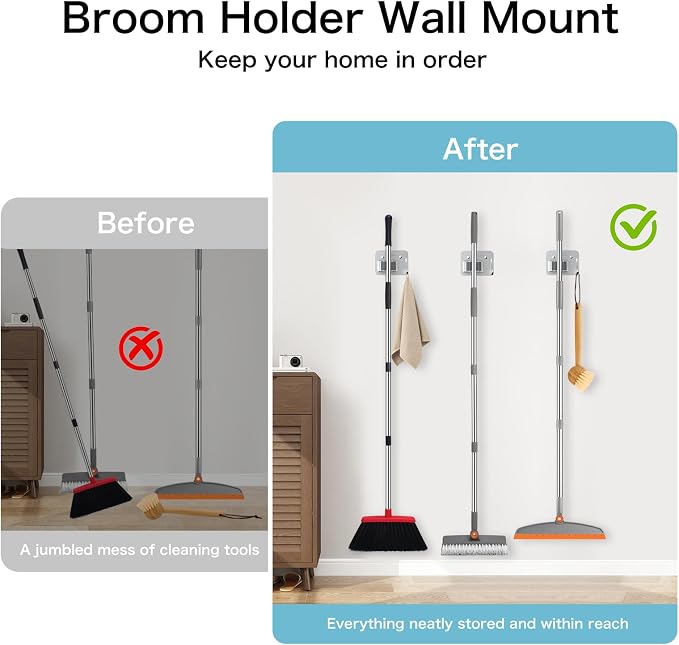 nacena Broom Holder Wall Mount, 4 Packs Silver Stainless Steel Mop and Broom - Image 4