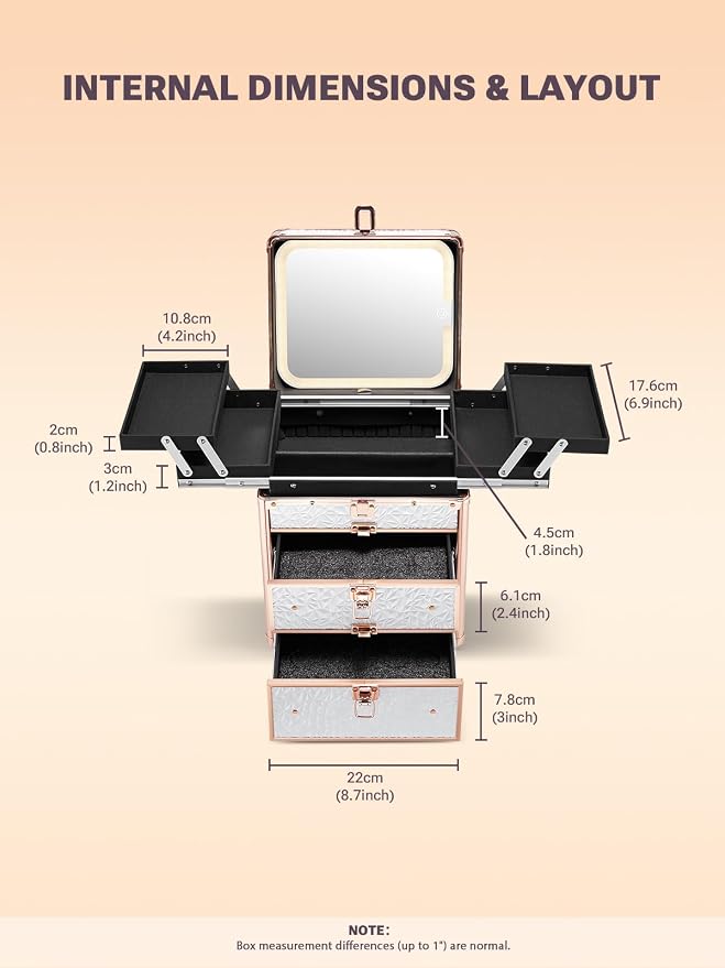 Qislee Makeup Box with Double Drawers and Four Trays, A Detachable Lighted - Image 5