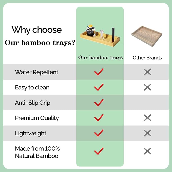 Natural Bamboo Rectangular Vanity Tray, 11.8 x 4.6 x 1.2 inches, Eco-friendly - Image 2