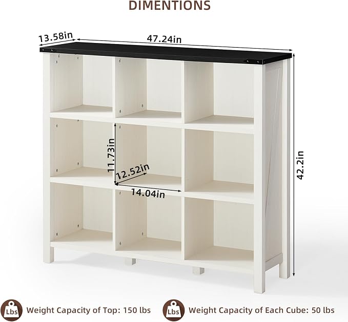 9 Cube Bookcase, Farmhouse 47 Inch Wide White Bookshelf, Wooden 3 Tier Display - Image 3