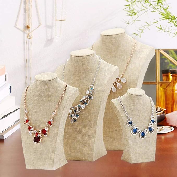 Necklace Display Bust, 9.8" high Beige Linen Jewelry Holder - Image 3