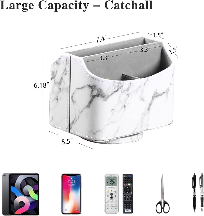 YAPISHI White Marble Leather Remote Control Holder, 360 Degree Spinning Desk TV - Image 4