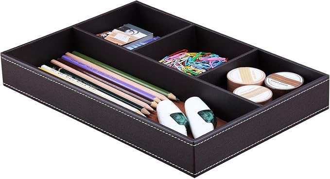 KINGFOM Pu Leather Desk Organizer Tray, 4 Compartment Office Storage Supplies - Image 6