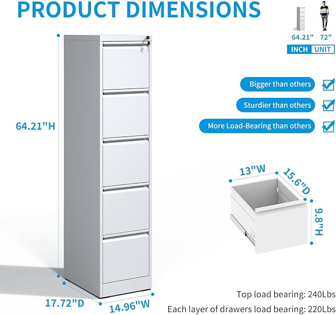 Metal File Cabinet 5 Drawers, Vertical Filing Cabinet - Image 3