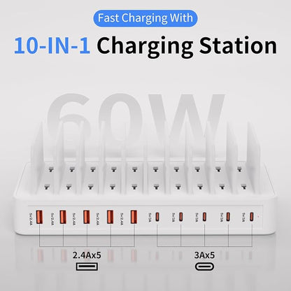 60W Charging Station for Multiple Devices, 10-Port USB Fast Charging Station - Image 2