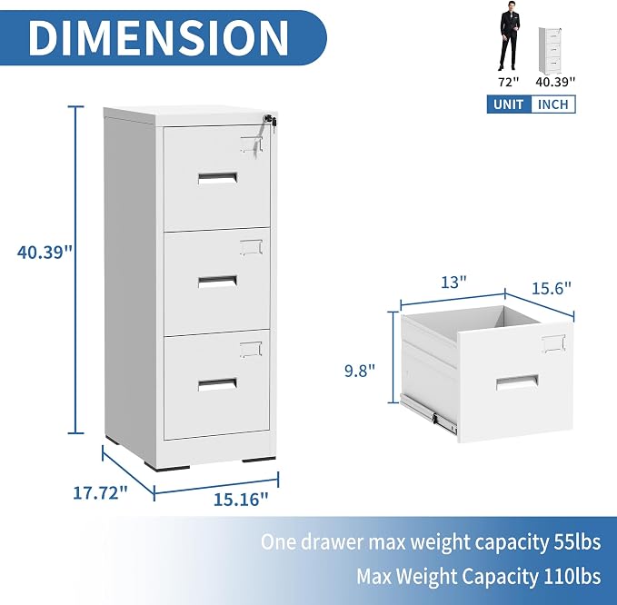 3 Drawer File Cabinets with Lock, Heavy Duty Metal Storage Cabinets Office - Image 3
